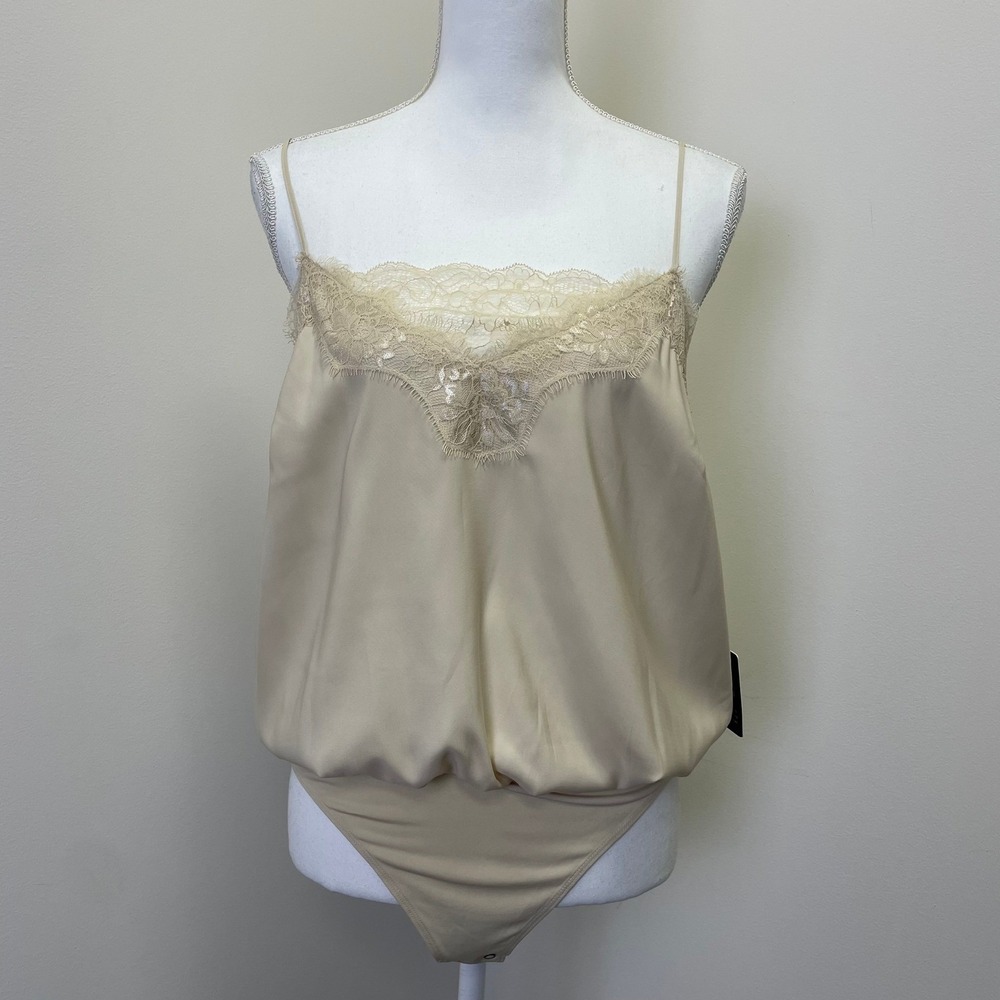NEW Express Conscious Edit Lace Trim Cami Bodysuit Champagne Beige Large NWT